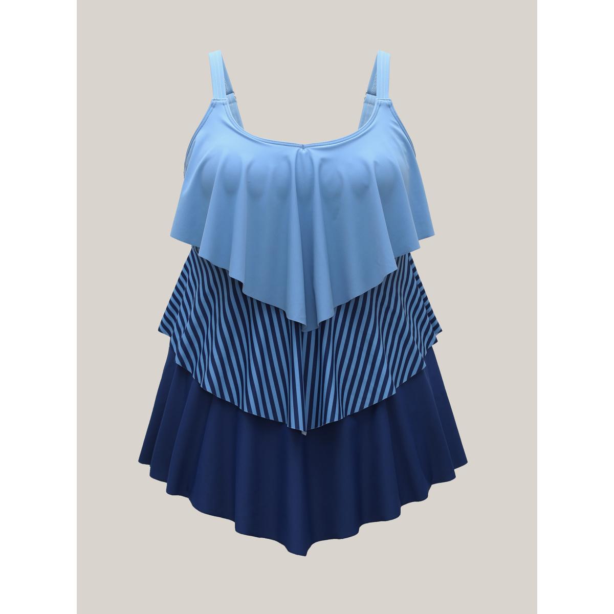 Plus Size Color Block Ruffled Flared Swim Top Women's Swimwear Mediumblue Beach High stretch Bodycon V-neck Curve Swim Tops BloomChic 28/5X Product Image