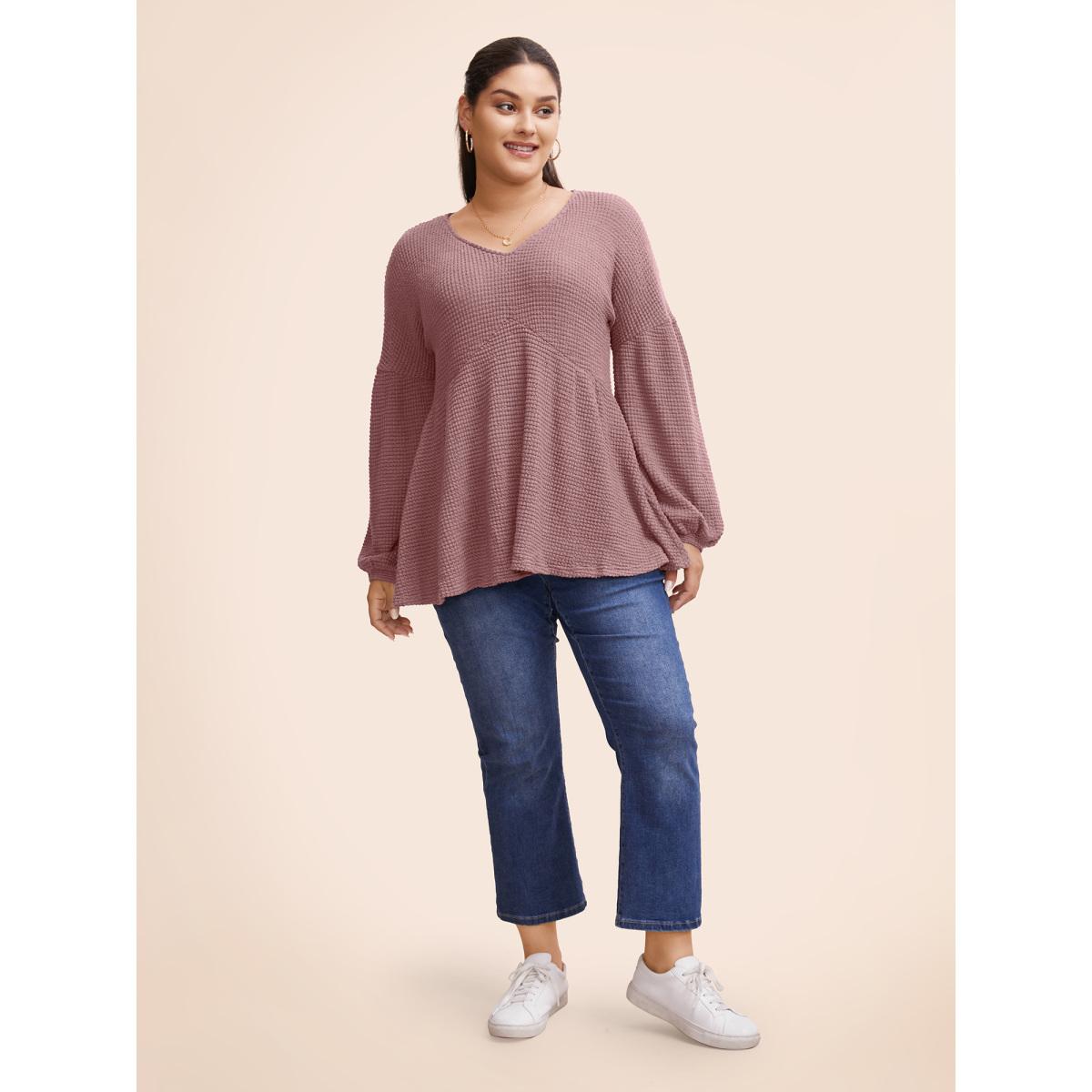 Plus Size Waffle Knit Lantern Sleeve Flutter Hem Sweatshirt Women DustyPink Elegant Texture V-neck Dailywear Sweatshirts BloomChic 10/M Product Image