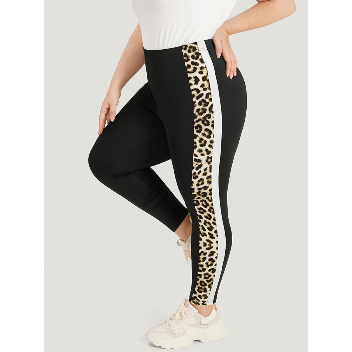 Plus Size Leopard Patchwork High Rise Elastic Waist Leggings Women Black Casual High stretch Skinny High Rise Dailywear Leggings BloomChic 14-16/1X Product Image
