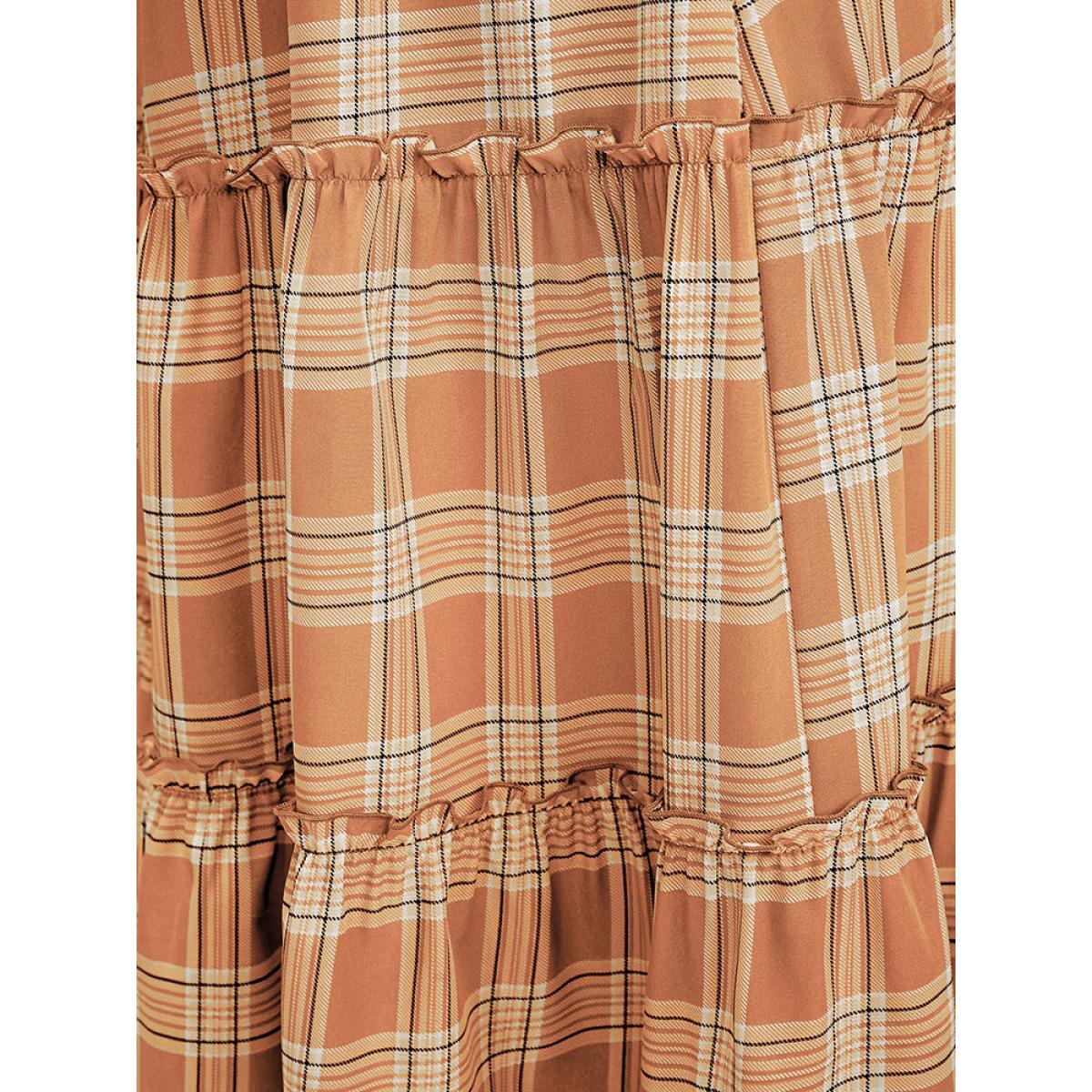 Plus Size Plaid Square Neck Lantern Sleeve Pocket Flutter Dress LightBrown Women Elegant Tiered Square Neck Half Sleeve Curvy Midi Dress BloomChic 22-24/3X Product Image