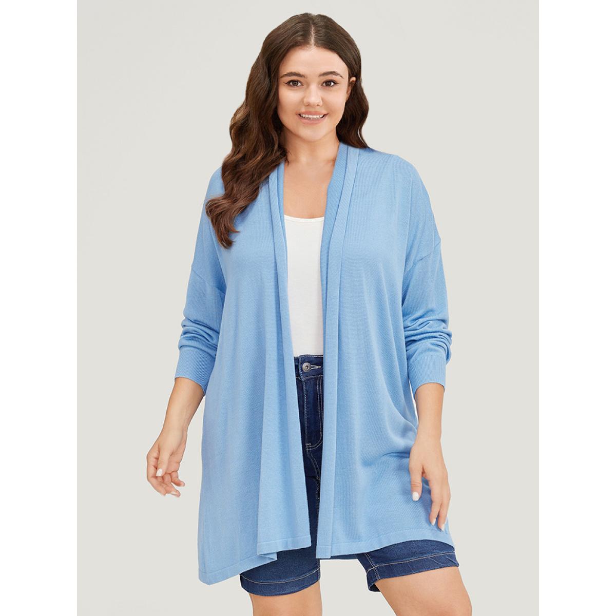 Plus Size Supersoft Essentials Plain Drop Shoulder Lapel Collar Cardigan LightBlue Women Casual Loose Long Sleeve Everyday Cardigans BloomChic 12/L Product Image