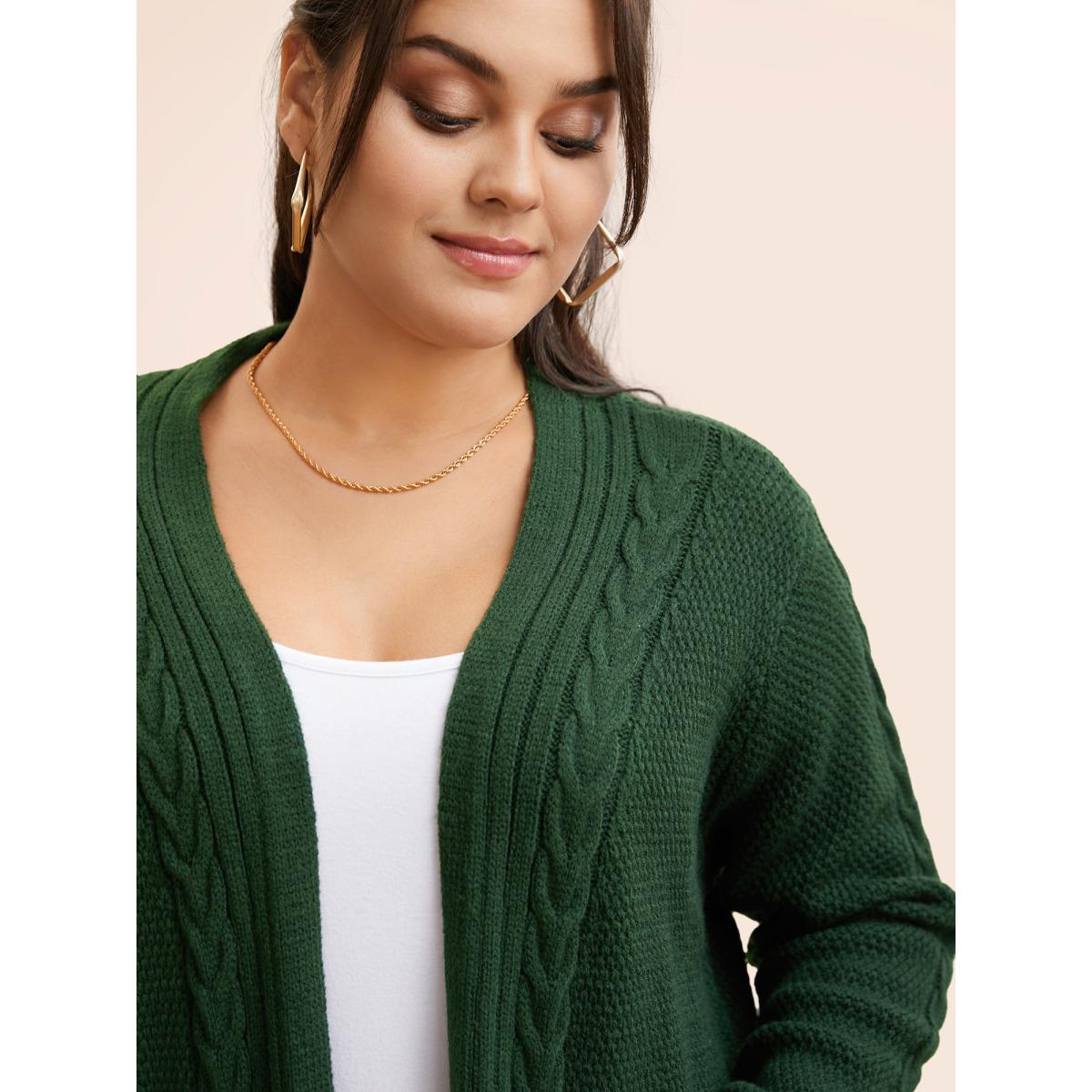 Plus Size Texture Cable Knit Patch Pocket Cardigan DarkGreen Women Casual Loose Long Sleeve Everyday Cardigans BloomChic 22-24/3X Product Image