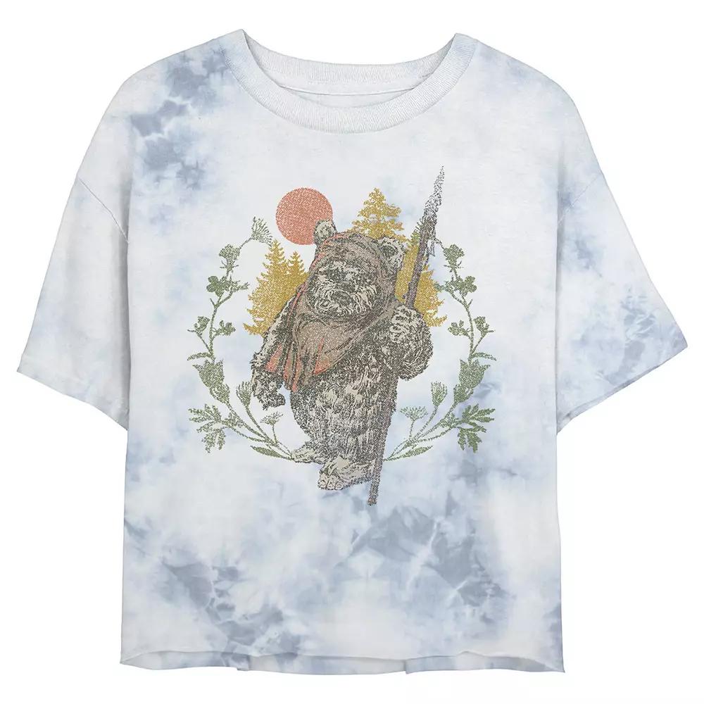 Juniors' Star Wars: Ewok Floral Sunset Wash Graphic Crop Tee, Women's, Size: Large, White Blue Product Image
