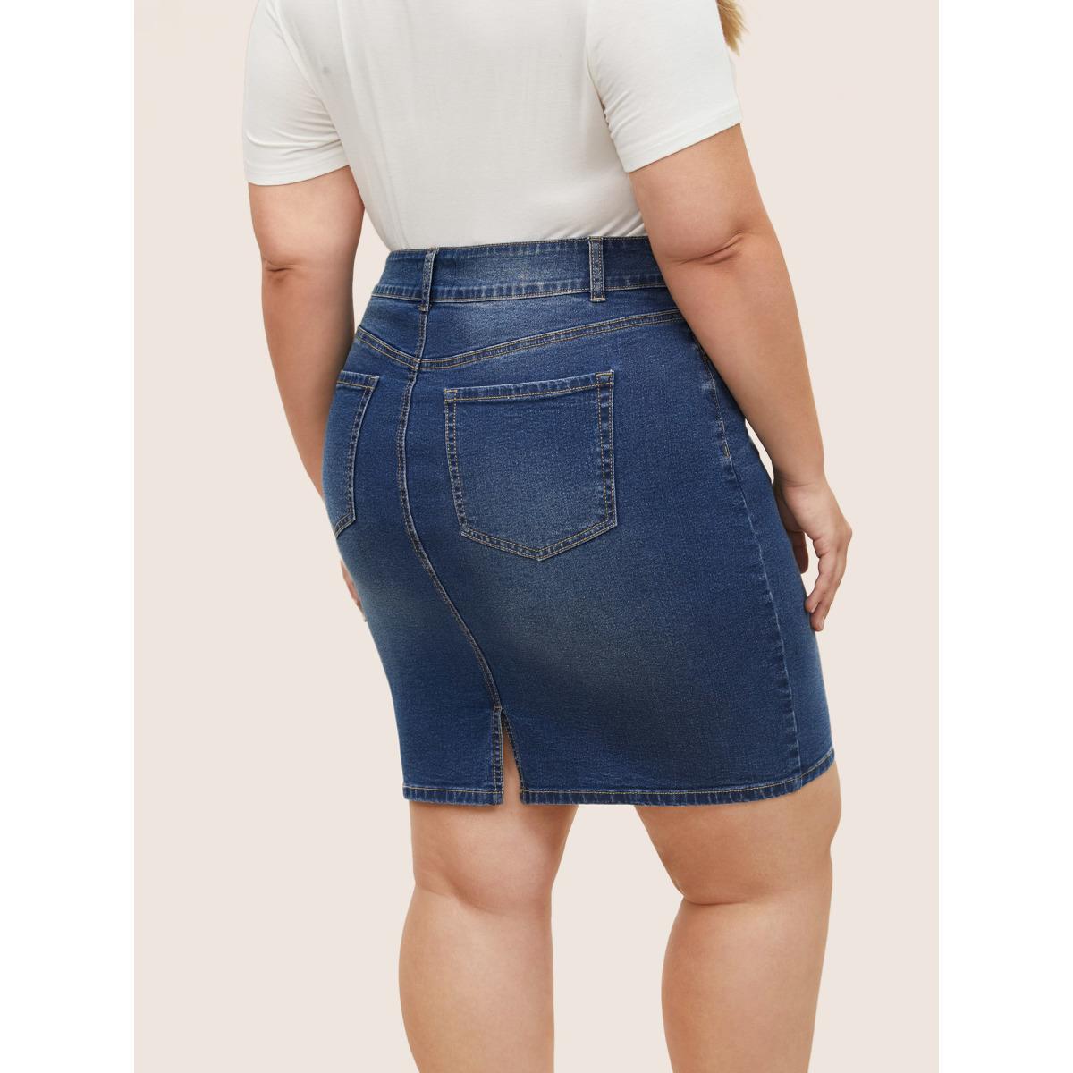 Plus Size Dark Wash Split Back Bodycon Denim Skirt Women Blue Everyday Non Plain High stretch Dark Wash 12/L Slanted pocket Elegant Denim Skirts BloomChic Product Image