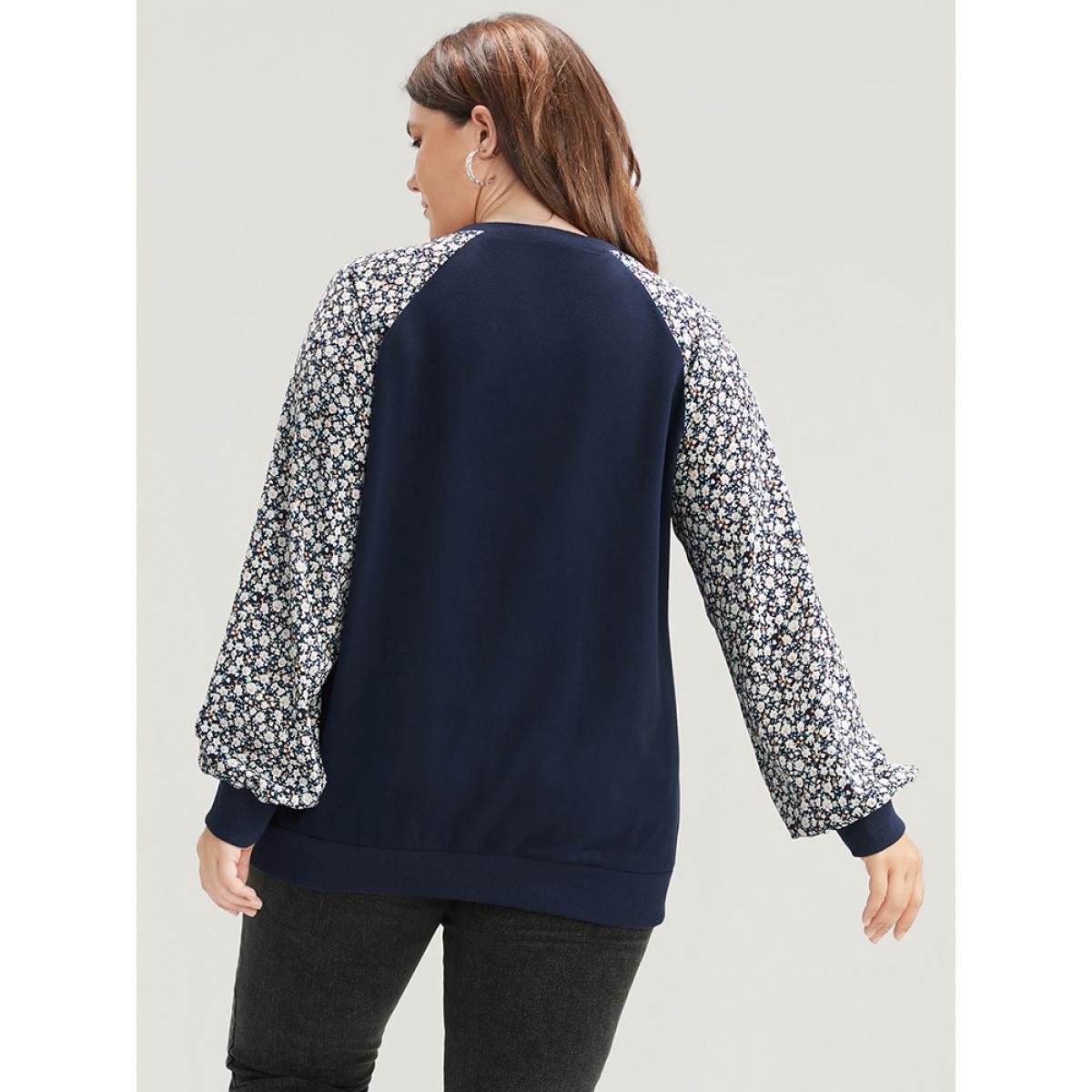 Plus Size Ditsy Floral Patchwork Round Neck Sweatshirt Women Indigo Elegant Patchwork Round Neck Dailywear Sweatshirts BloomChic 26/4X Product Image