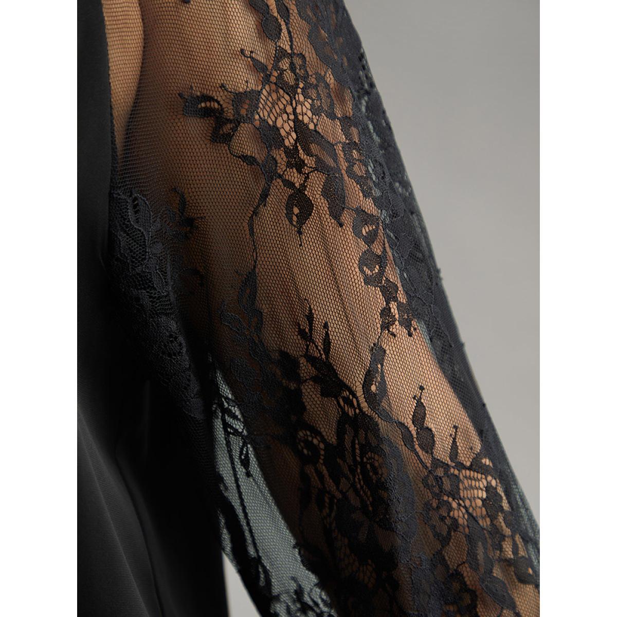 Plus Size Black Anti-Wrinkle Crochet Lace Mesh Keyhole Blouse Women Office Long Sleeve Keyhole Cut-Out Work Blouses BloomChic 28/5X Product Image