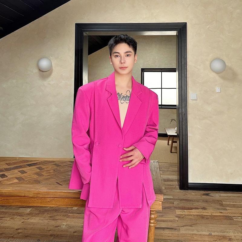 Set: Lapel Collar Plain Slit Button Blazer + Mid Rise Plain Dress Pants Product Image