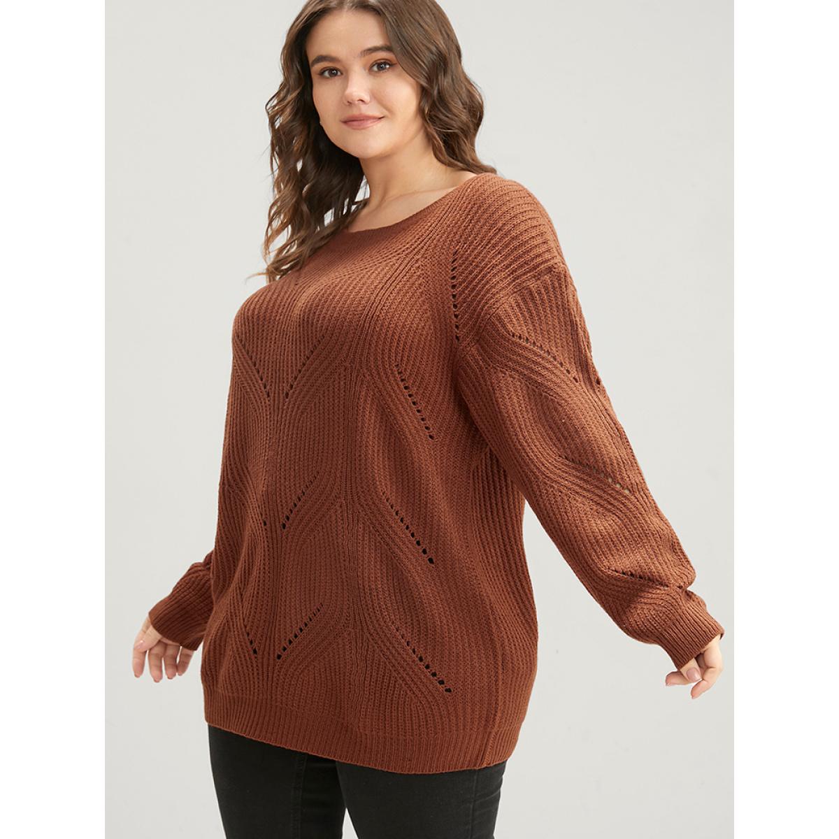 Plus Size Solid Pointelle Knit Cut Out Round Neck Knit Top Maroon Women Casual Loose Long Sleeve Dailywear Pullovers BloomChic 14-16/1X Product Image