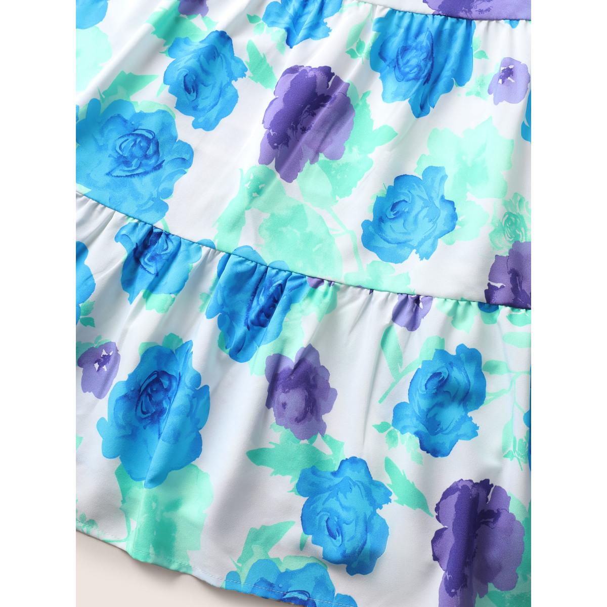 Plus Size Floral Gathered Ruffle Cap Sleeve Belted Dress White Women Elegant Belted Round Neck Cap Sleeve Curvy BloomChic 18-20/2X Product Image