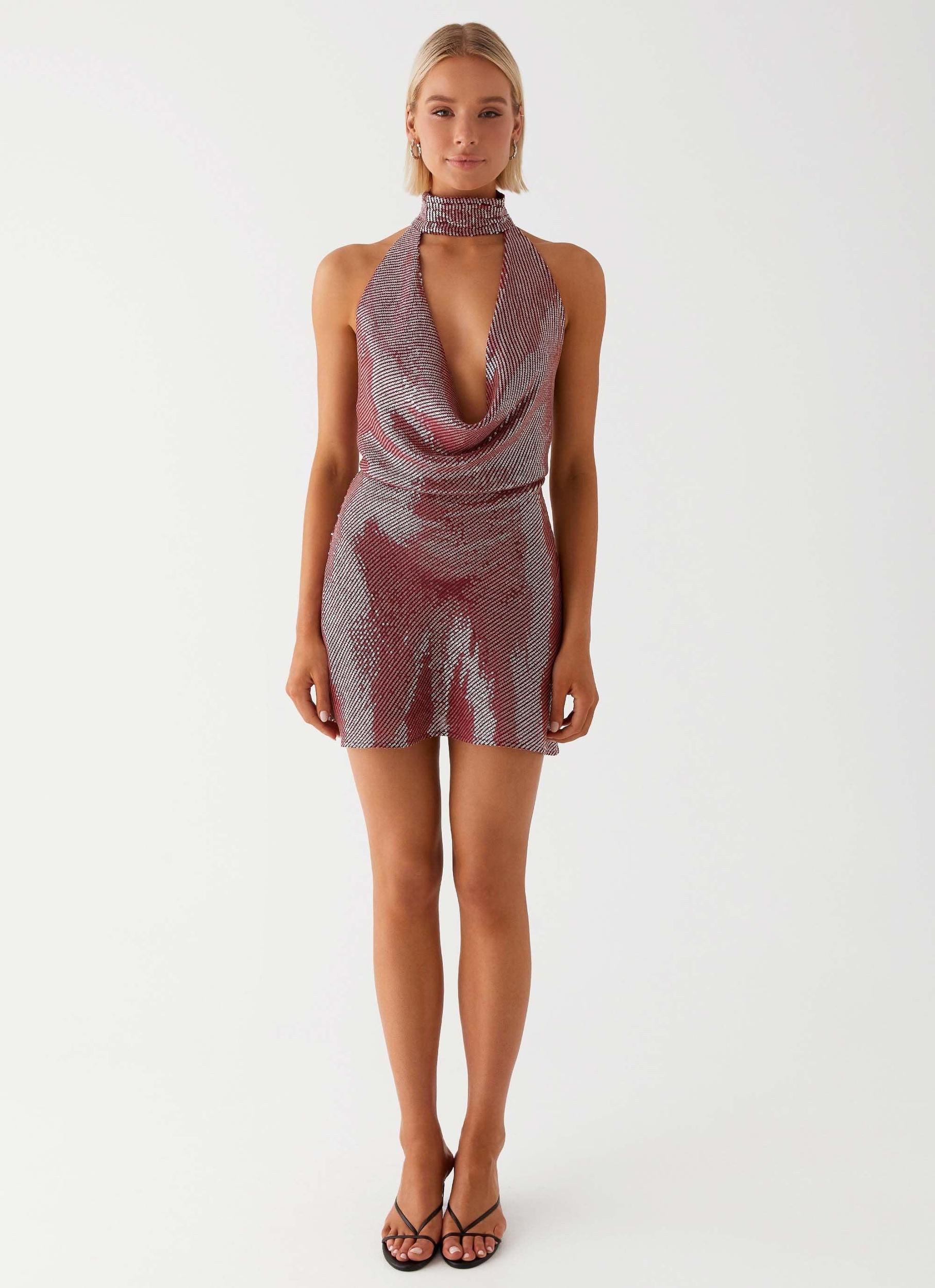 Nora Sequin Cowl Neck Mini Dress - Red Product Image