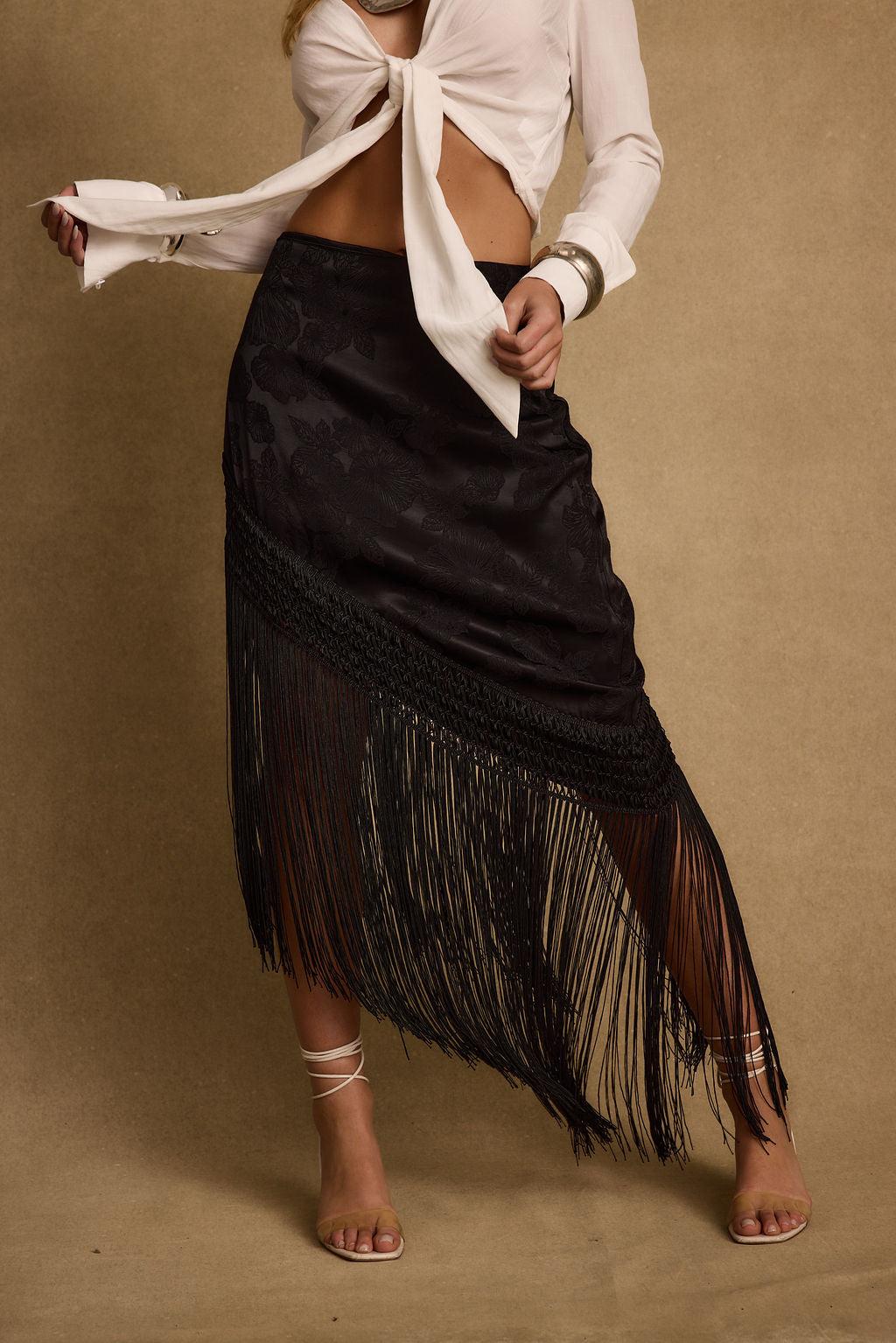 Frankie Black Satin Jacquard Fringe Midi Skirt Product Image