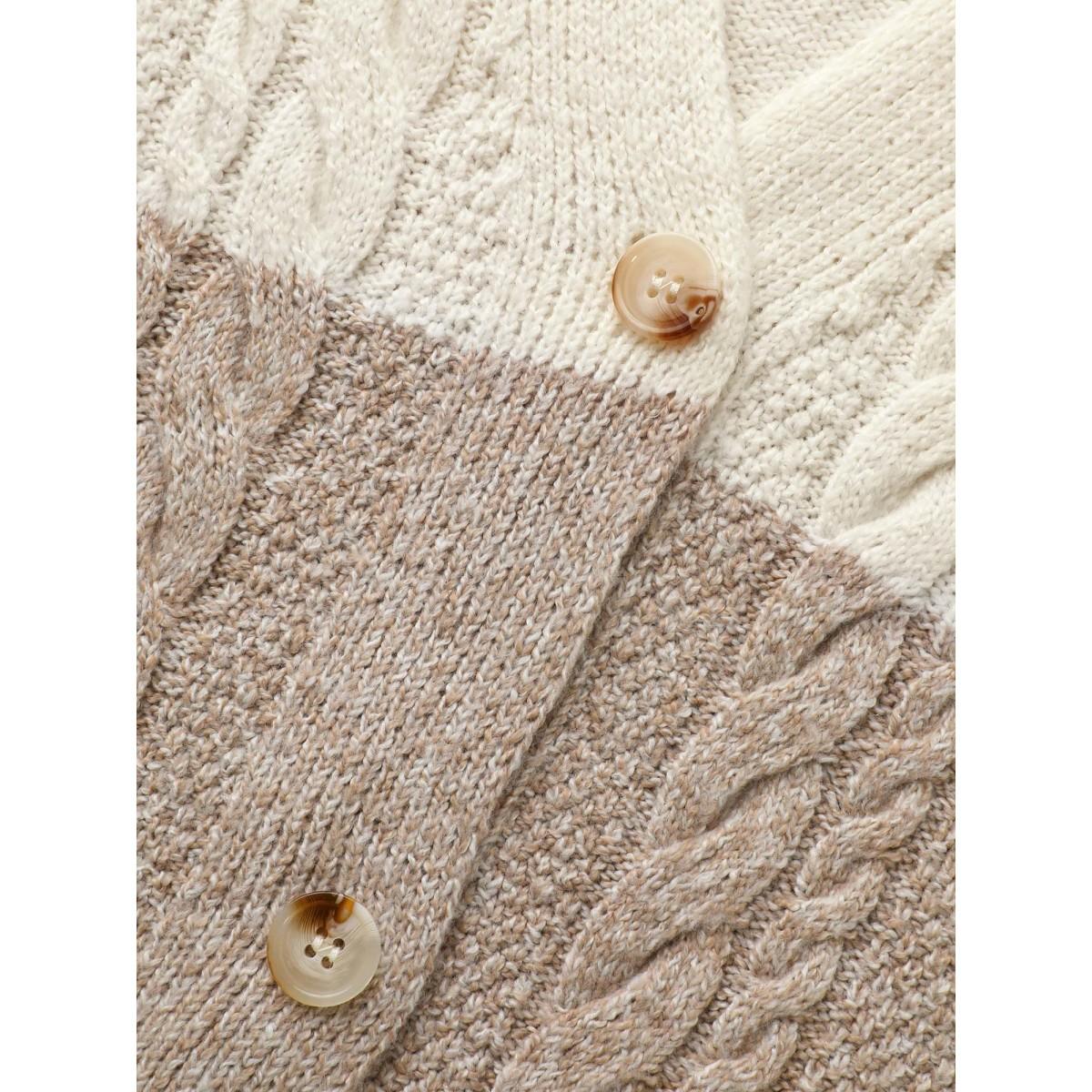 Plus Size Colorblock Contrast Cable Knit Cardigan Browncoffeecolor Women Casual Loose Long Sleeve Everyday Cardigans BloomChic 30/6X Product Image