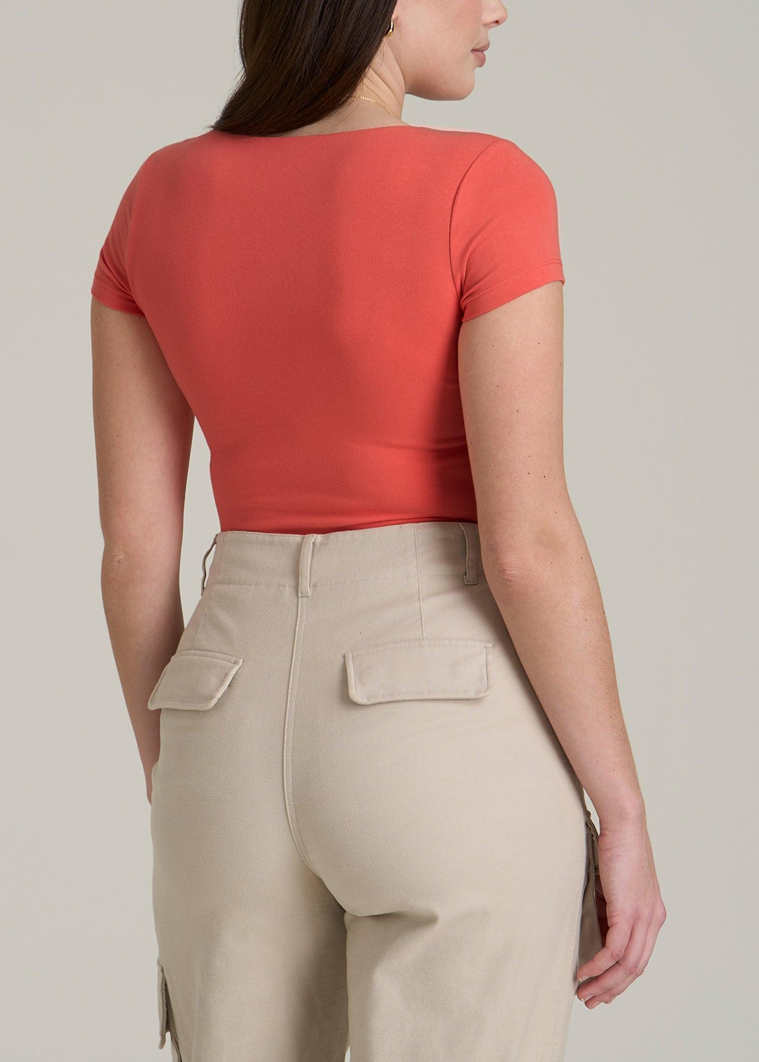 Cotton Blend Short Sleeve Square Neck Bodysuit for Tall Women in Sunset Coral Female Product Image