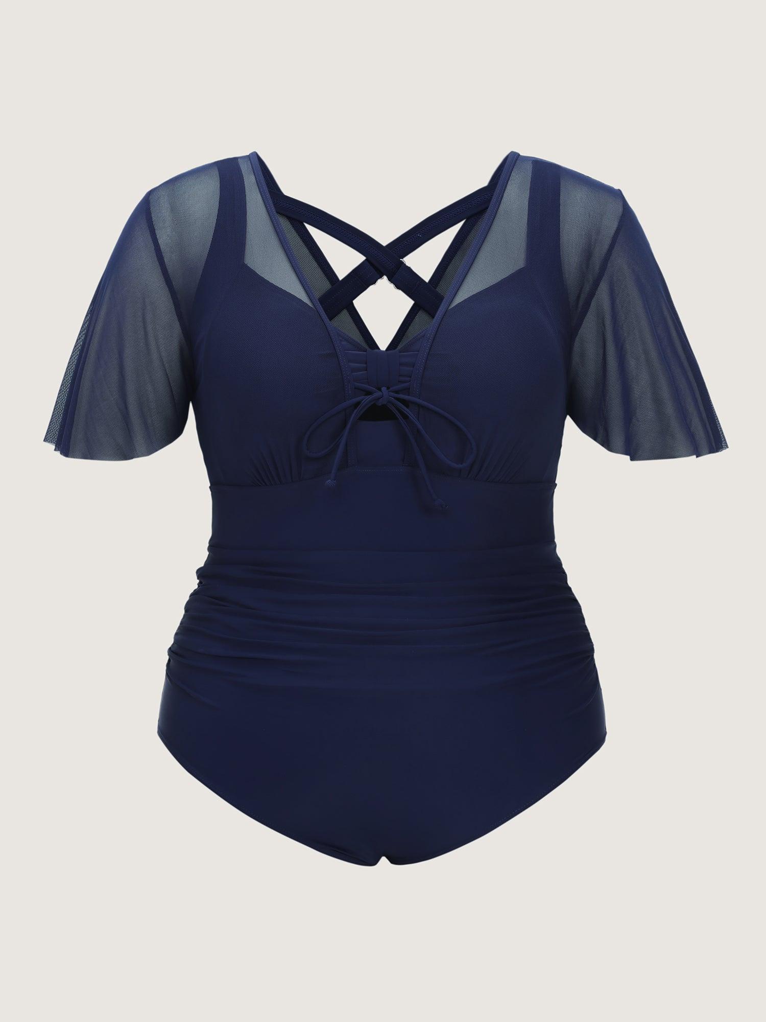 Sheer Sleeve Layered One-Piece Swimsuit Female Product Image