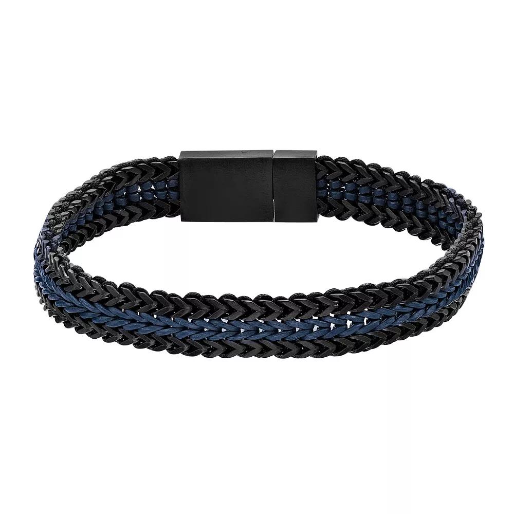 Men's LYNX Stainless Steel & Blue Leather Bracelet, Size: 8.5" Product Image