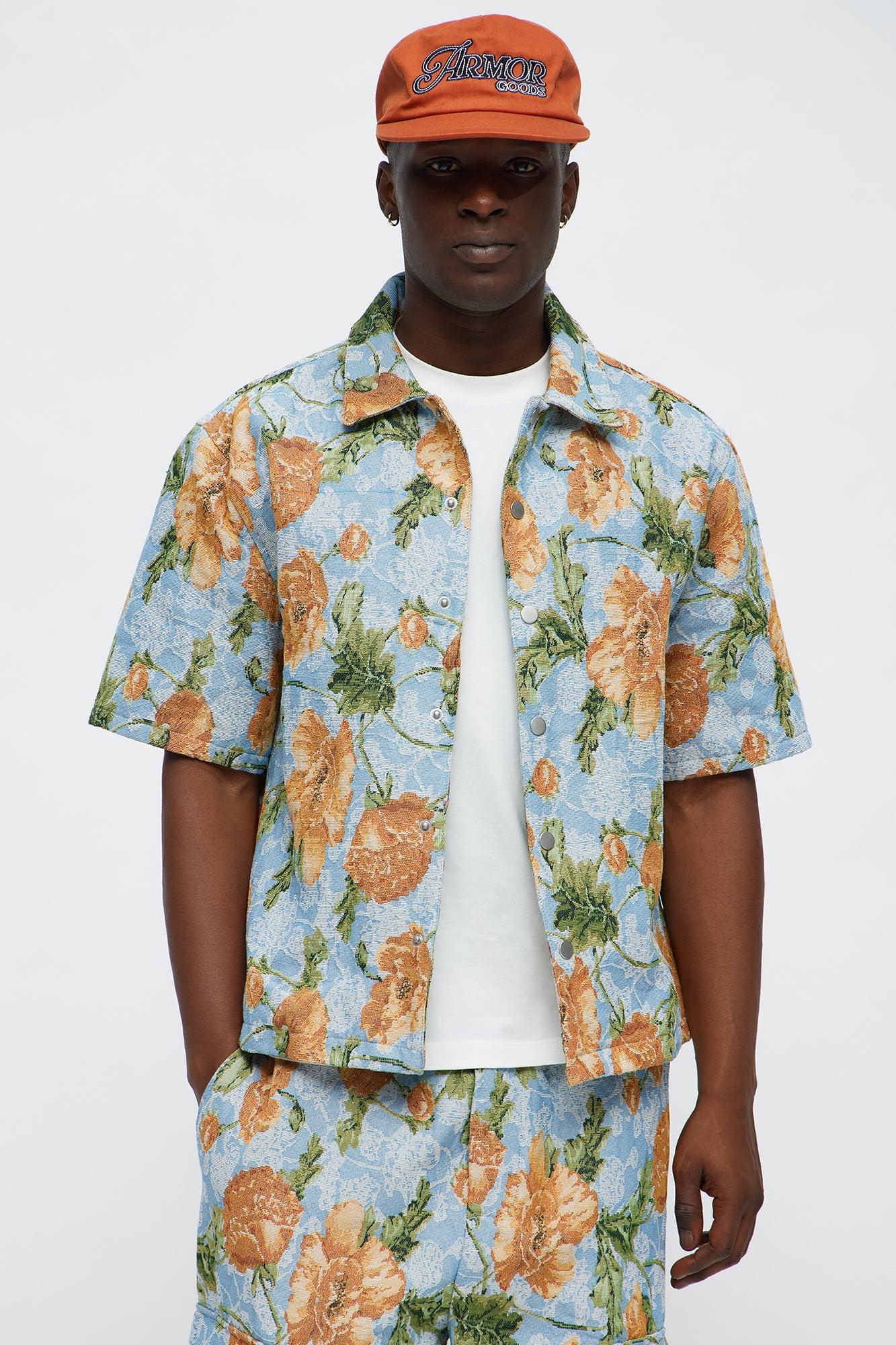 Rose Buds Tapestry Closed Collar Button Up Shirt - Blue/combo Product Image