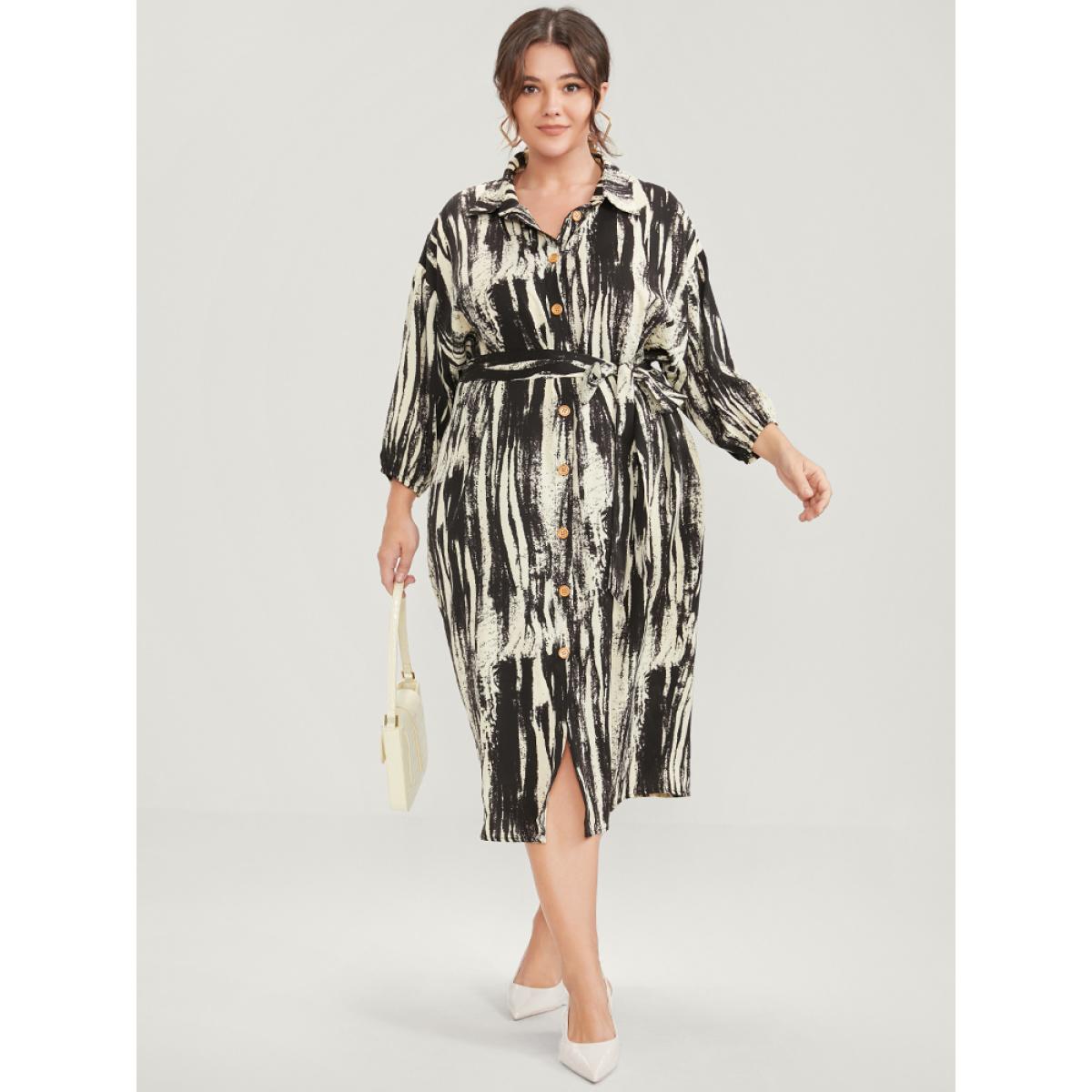 Plus Size Shirt Collar Pocket Belted Button Up Dress Black Women Office Belted Shirt collar Long Sleeve Curvy Midi Dress BloomChic 10/M Product Image