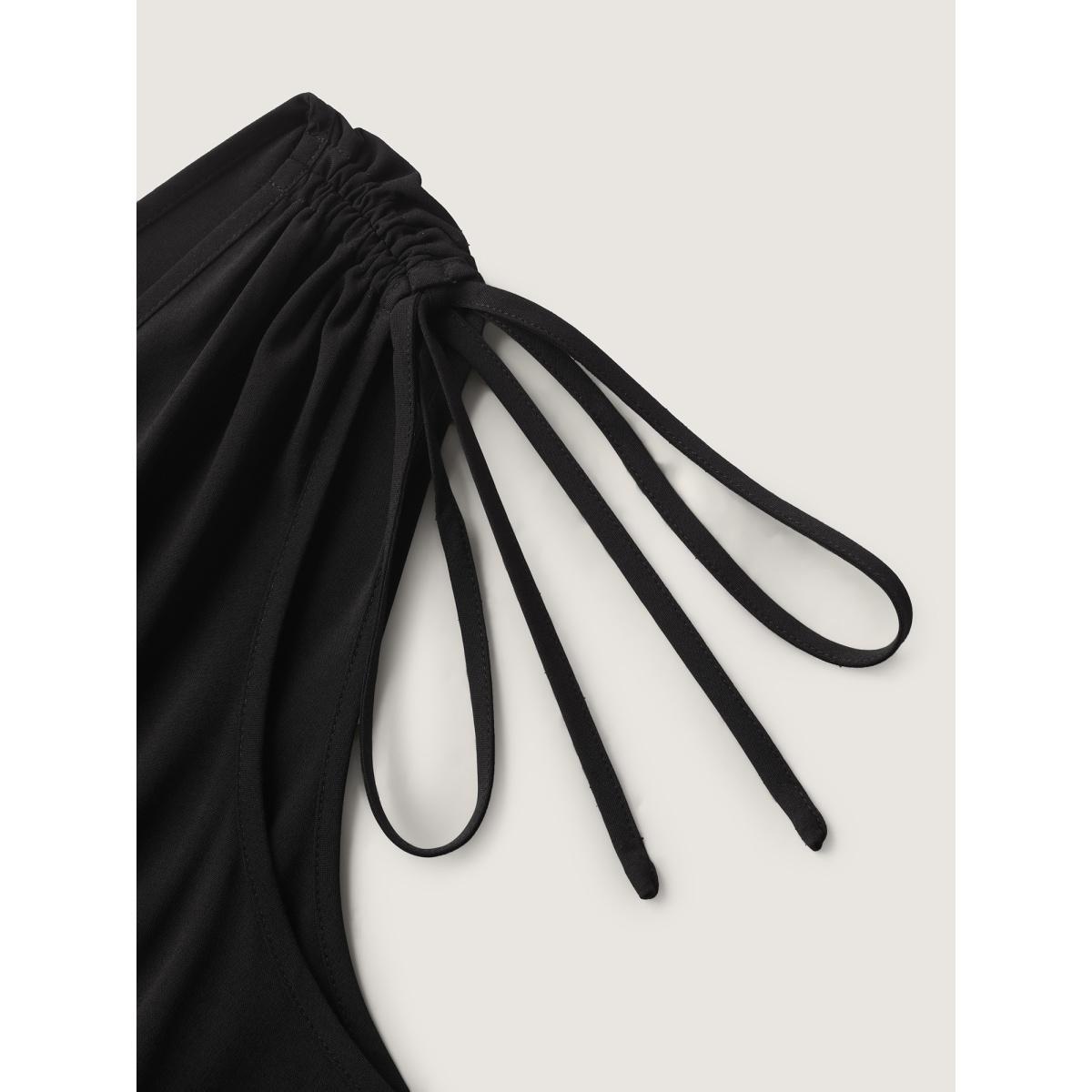 Plus Size Shoulder Drawstring Slit Solid Midi Dress Black Women V-neck Sleeveless Curvy BloomChic 26/4X Product Image