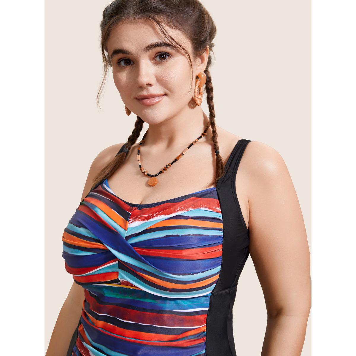 Plus Size Colored Striped Gathered Twist Front Swim Top Women's Swimwear Multicolor Beach Twist High stretch Skinny Heart neckline Curve Swim Tops BloomChic 14-16/1X Product Image