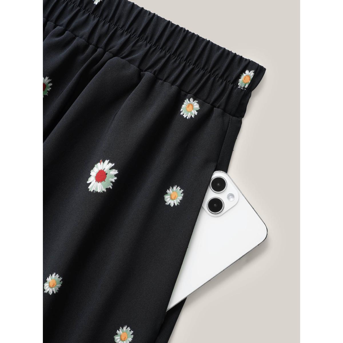 Plus Size Floral Print Pleated Midi Skirt Women BlackFlower Elegant Contrast Bodycon Low stretch Slanted pocket Party Skirts BloomChic 18-20/2X Product Image