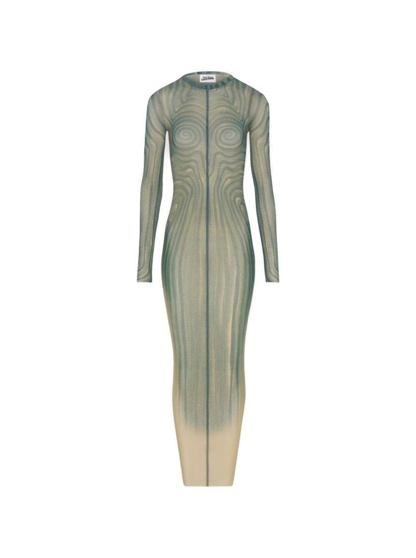 JEAN PAUL GAULTIER Mesh Long Dress With Spiral Print And Ruffles In Beige Product Image