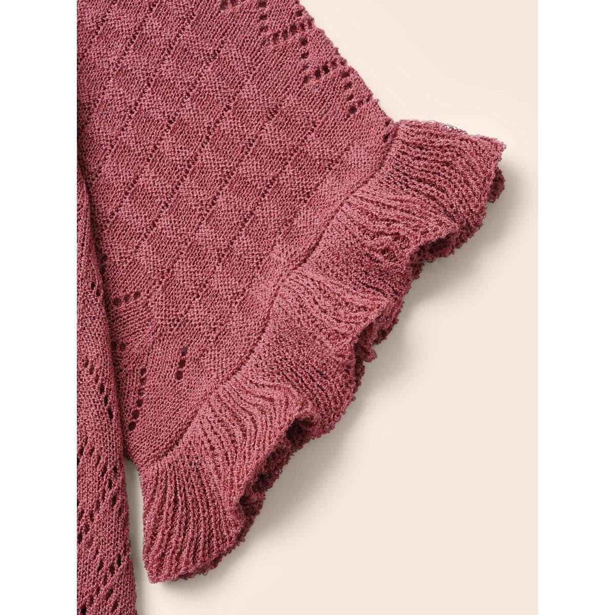 Plus Size Plain Ruffles Pointelle Knit Cardigan Russet Women Casual Loose Short sleeve Everyday Cardigans BloomChic 10/M Product Image