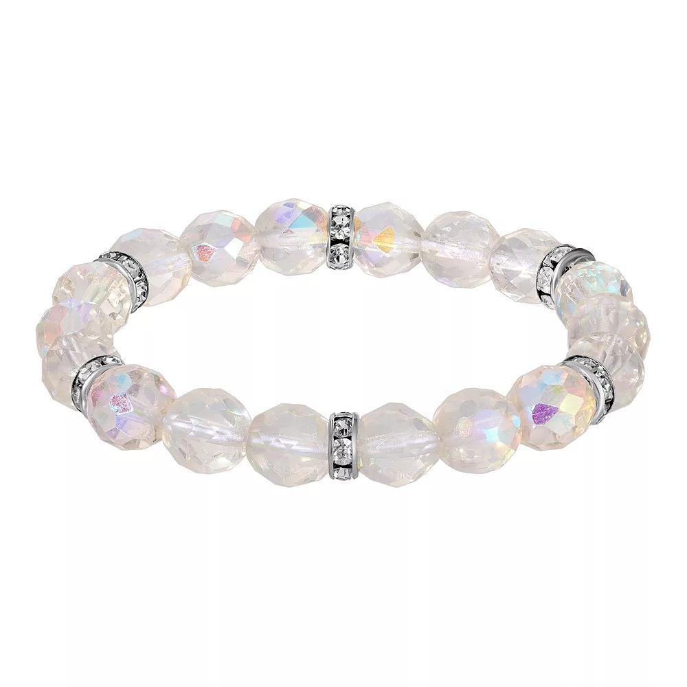 1928 Silver Tone Crystal Bead Stretch Bracelet, Women's, White Product Image