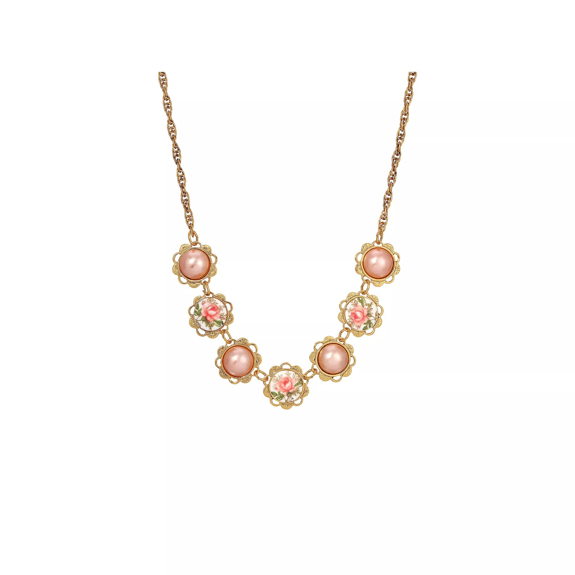 1928 Gold Tone Pink Floral Collar Necklace, Womens Product Image