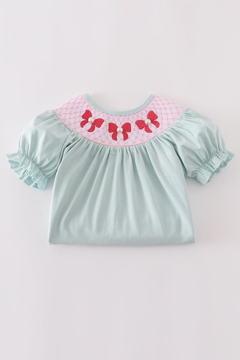 Blue bow pearl smocked dress Product Image