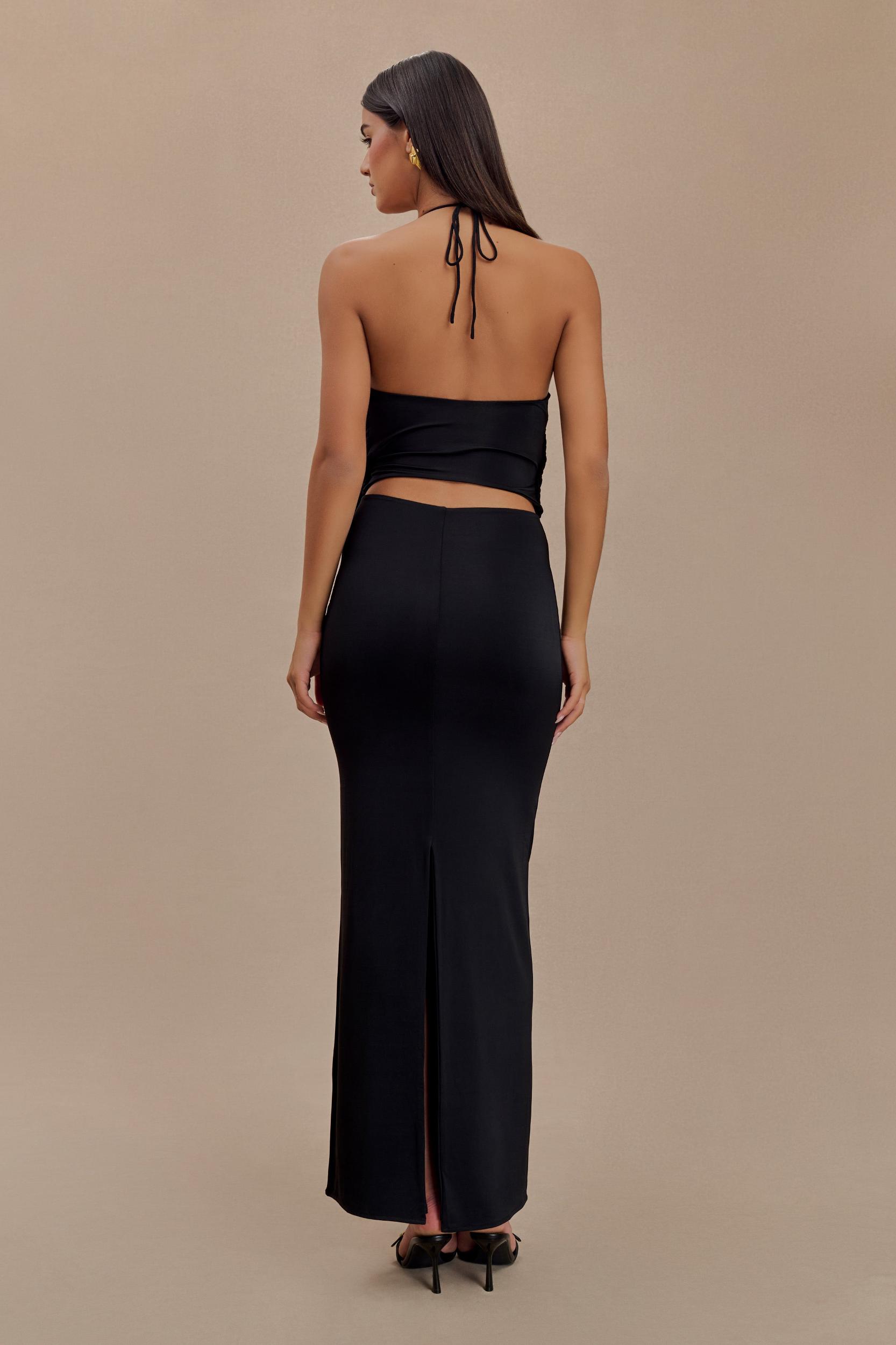 Tyla Draped Slinky Halter Maxi Dress - Black Product Image