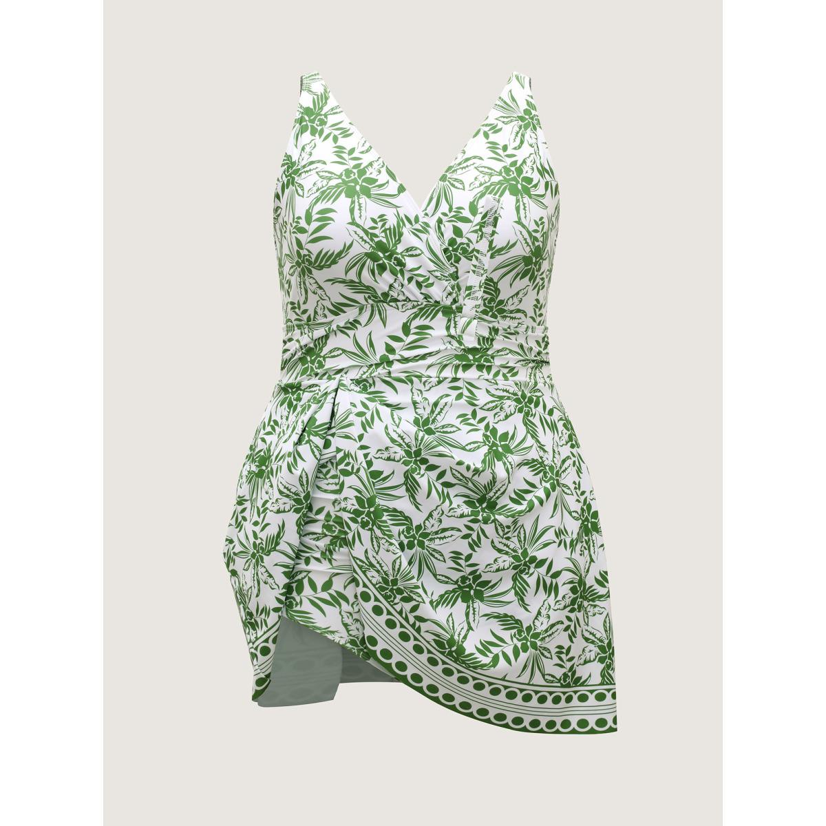 Plus Size Anti-Float Tie Floral Print Swim Dress Women's Swimwear Truegreen Beach Bodycon Overlap Collar High stretch Curve Swim Dresses BloomChic 26/4X Product Image