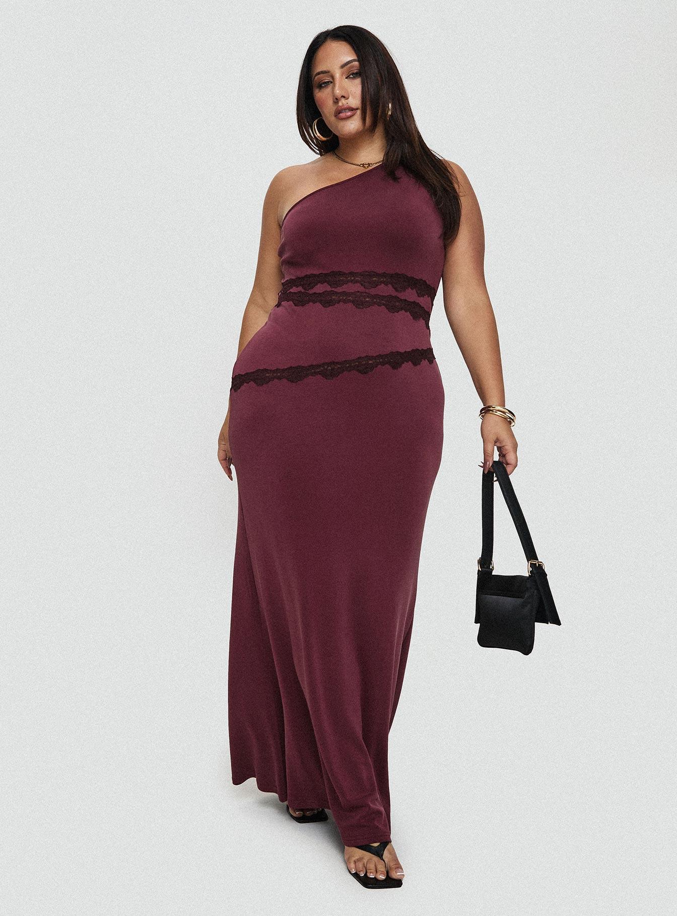 Ultraviolet One Shoulder Lace Maxi Dress Wine Curve Product Image