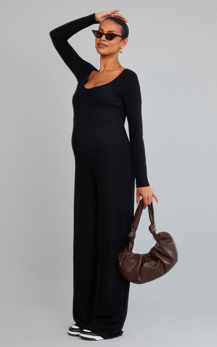 Maternity Black Long Sleeved Soft Rib Jumpsuit Product Image