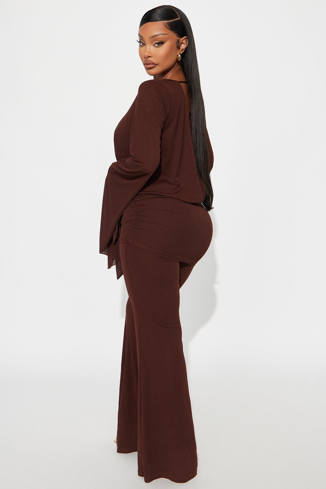 Ace Of Hearts Long Sleeve Flare Leg Jumpsuit - Brown Female Product Image