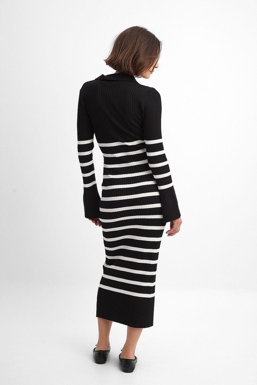 Striped Rib Knitted Trumpet Sleeve Dress Product Image