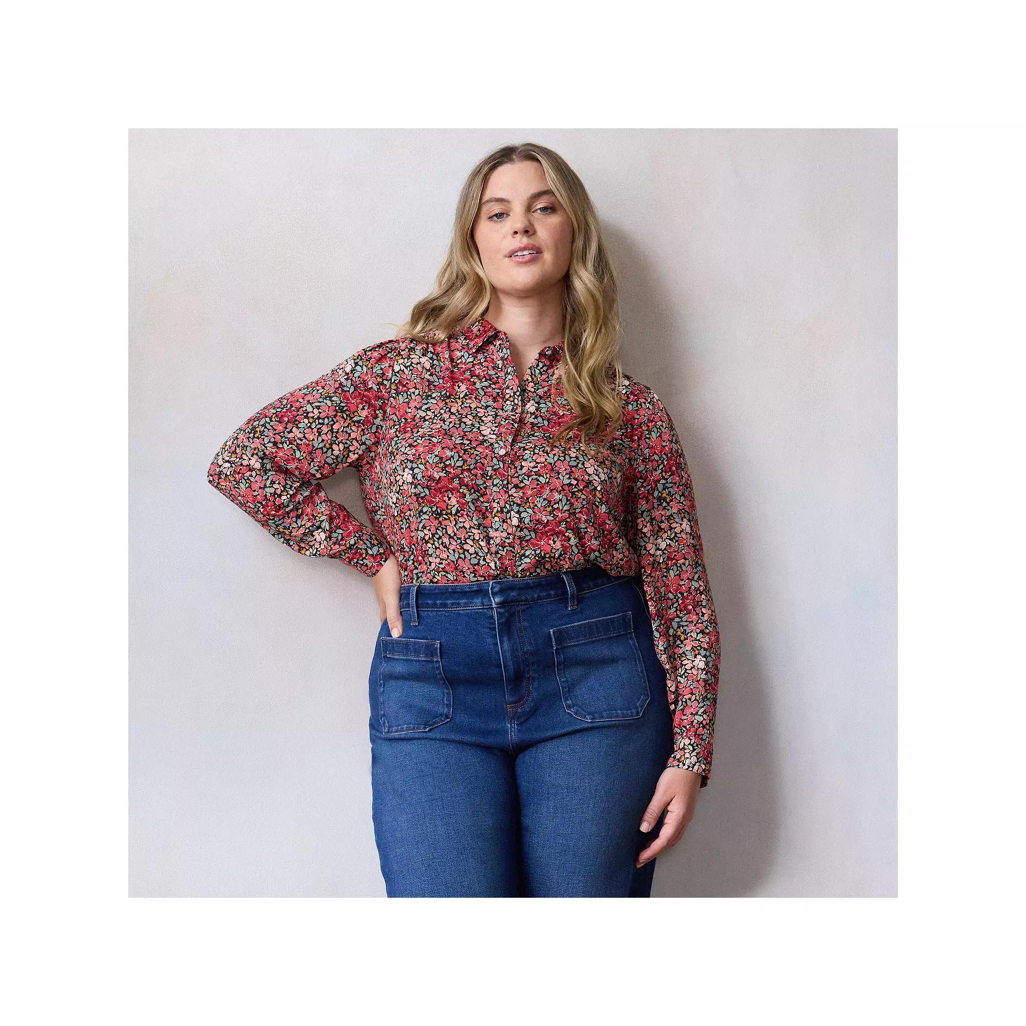 Plus Size LC Lauren Conrad Collared Button-Front Shirt, Women's, Size: 4XL, Red Brooke Fleurs Product Image