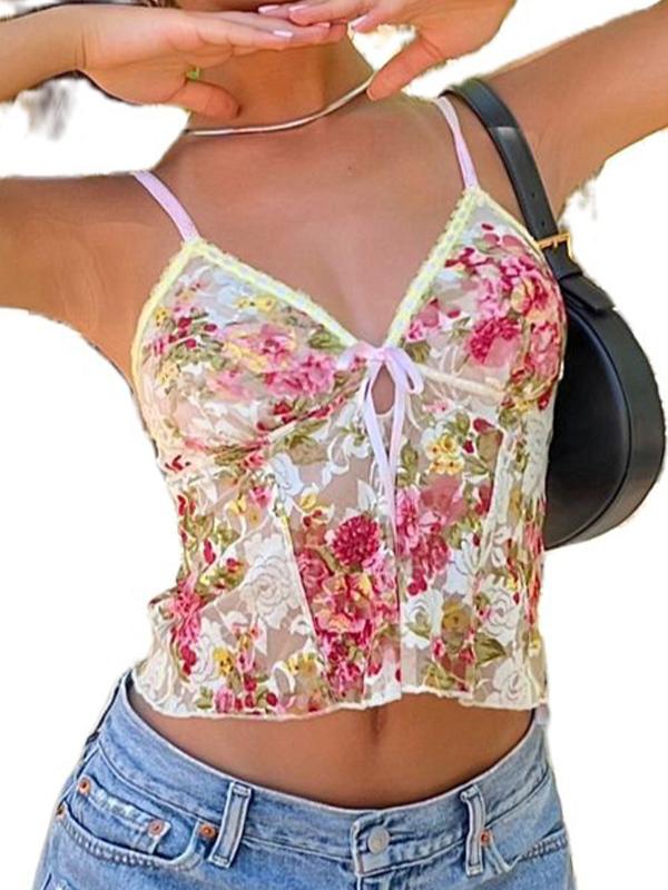 Flower Print Lace Stitching Cami Top Product Image