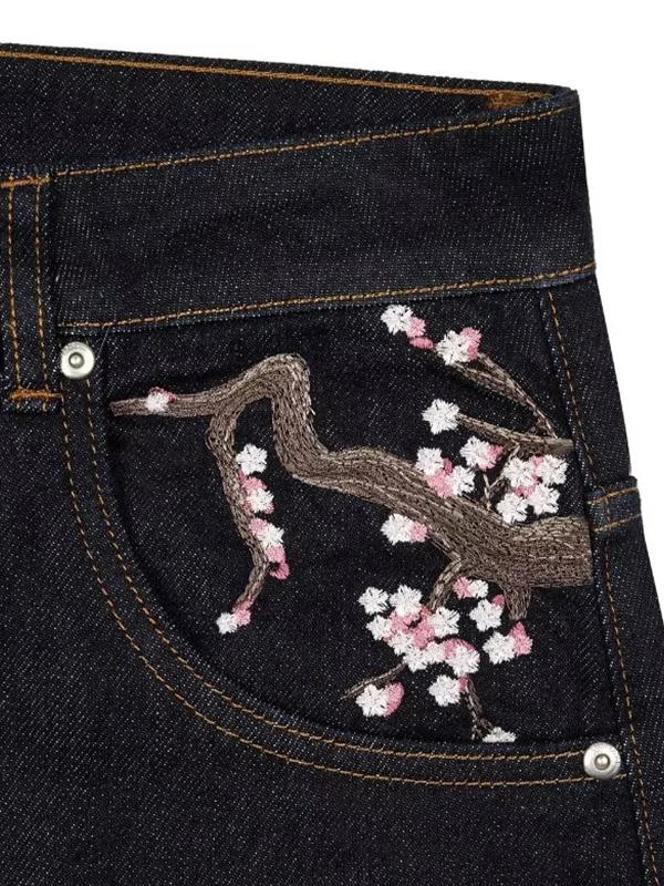 American Vintage Plum Flower Embroidery Boyfriend Jeans Product Image