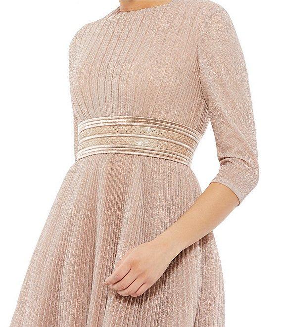 Mac Duggal Crew Neck 3/4 Sleeve Pleated A-Line Midi Dress Product Image