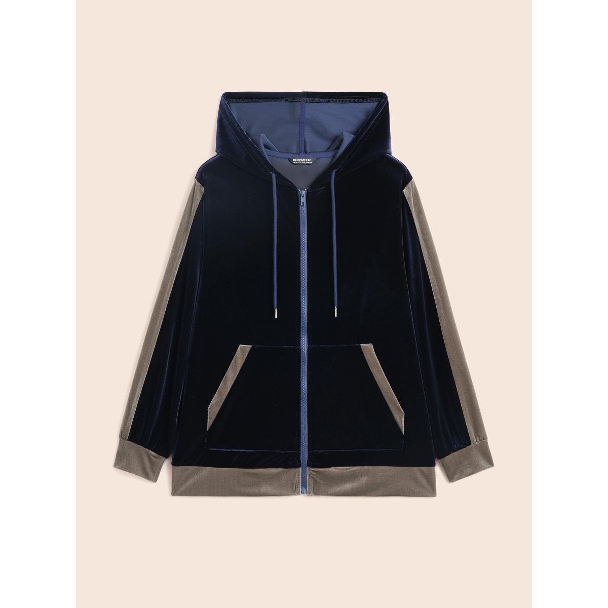 Plus Size Velvet Contrast Patchwork Hooded Sweatshirt Women Midnight Casual Contrast Hooded Everyday Sweatshirts BloomChic 12/L Product Image