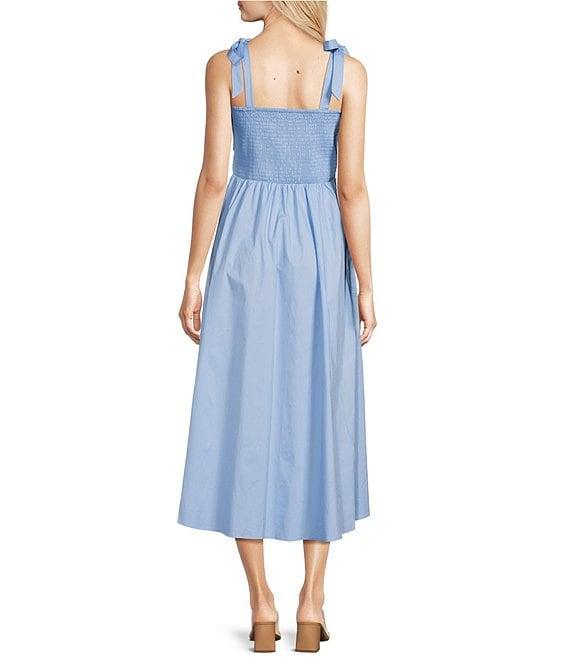 Leslie Fay Square Neck Sleeveless Pleaded Bodice Cotton Poplin Fit and Flare Midi Dress Product Image