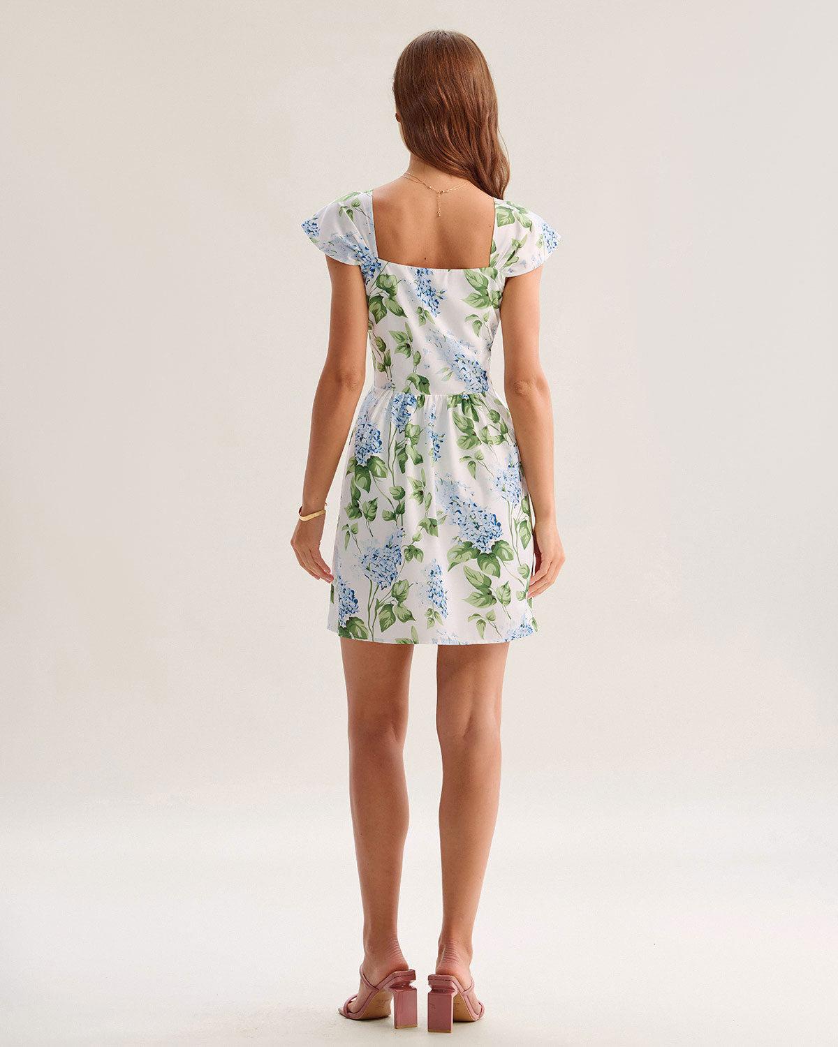 White Floral Square Neck Mini Dress Product Image