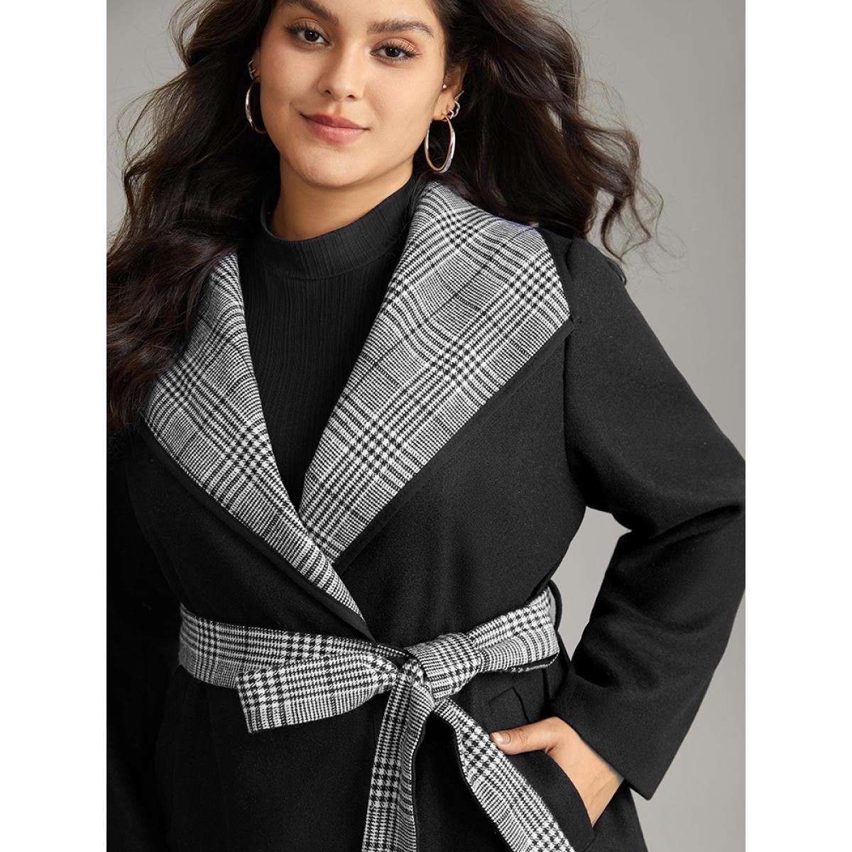Plus Size Lapel Collar Patchwork Belted Contrast Coat Women Black Casual Lined Ladies Everyday Winter Coats BloomChic 28/5X Product Image