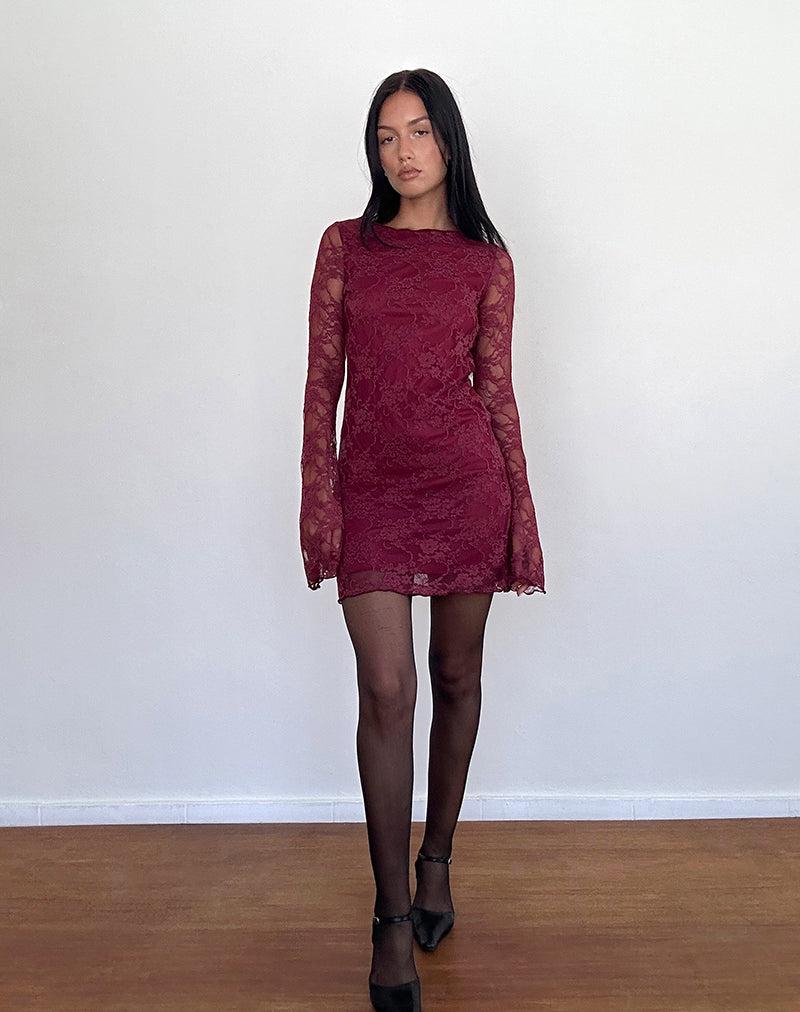Sevila Long Sleeve Mini Dress Lace Burgundy Female Product Image