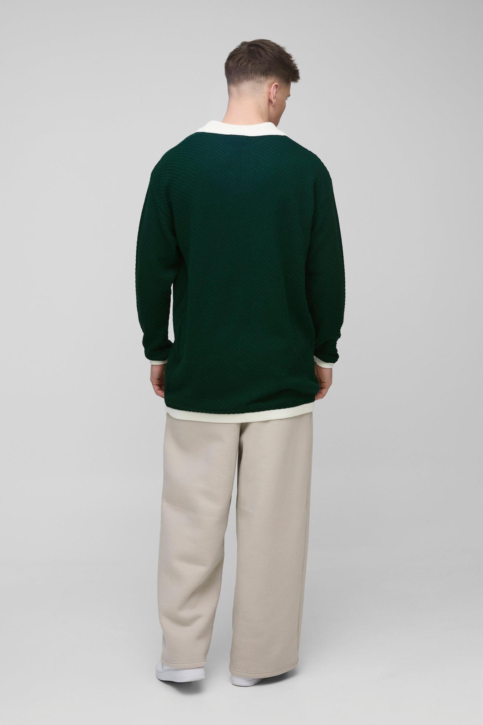 Tall Long Sleeved Oversized Contrast Collar Knitted Polo | boohooMAN USA Product Image