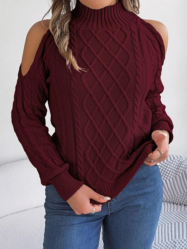 Long Sleeves Loose Hollow Solid Color Cold Shoulder Pullovers Sweater Tops Product Image