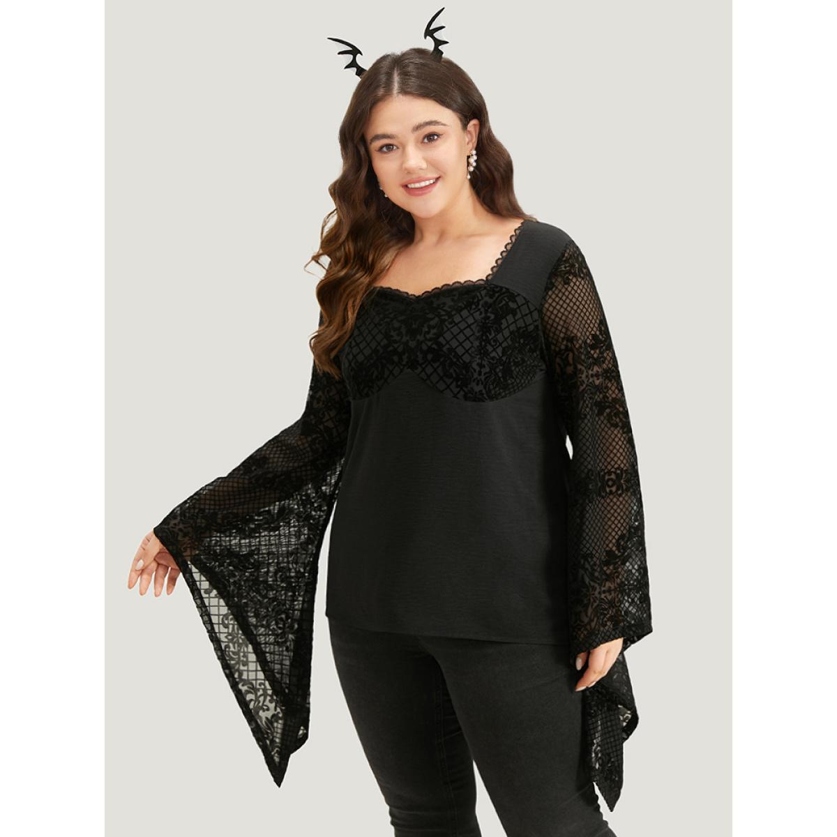 Plus Size Black Halloween Floral Eyelet Lace Mesh Bell Sleeve Blouse Women Elegant Long Sleeve Square Neck Festival-Halloween Blouses BloomChic 10/M Product Image