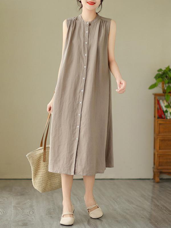 A-Line Sleeveless Buttoned Pleated Solid Color Round-Neck Midi Dresses Product Image