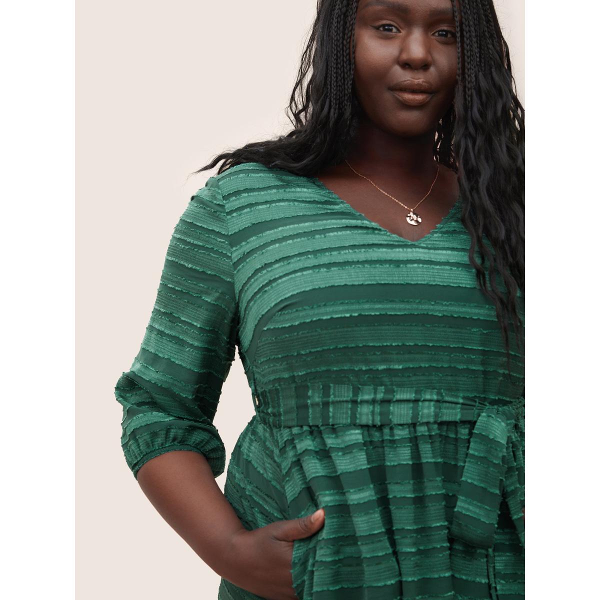 Plus Size Striped Plisse Ties Pocket Lantern Sleeve Dress DarkGreen Women Cocktail Non V-neck Elbow-length sleeve Curvy Knee Dress BloomChic 18-20/2X Product Image