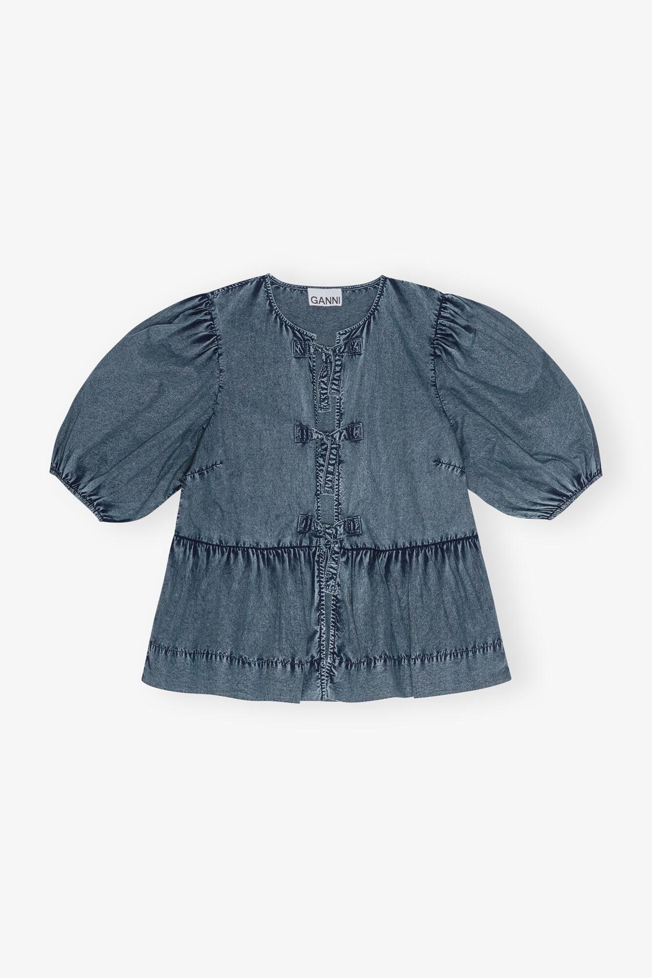 Blue Cotton Poplin Peplum Tie Blouse Product Image